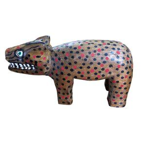 Hand-Carved Wooden Cat Dog Spotted Animal Folk Art Figurine With Painted Details